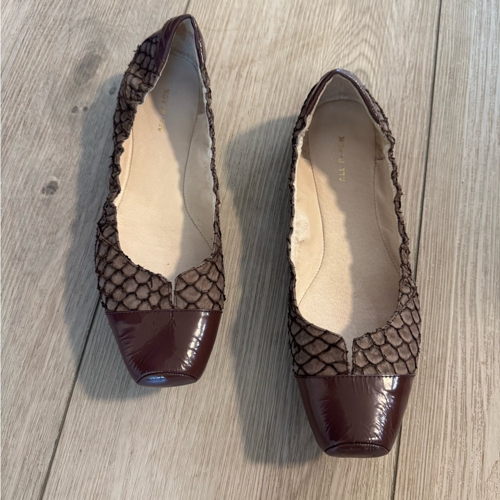 ALL BLACK Leather Snakeskin Ballet Flats Square Toe Preppy Old Money Ivy League